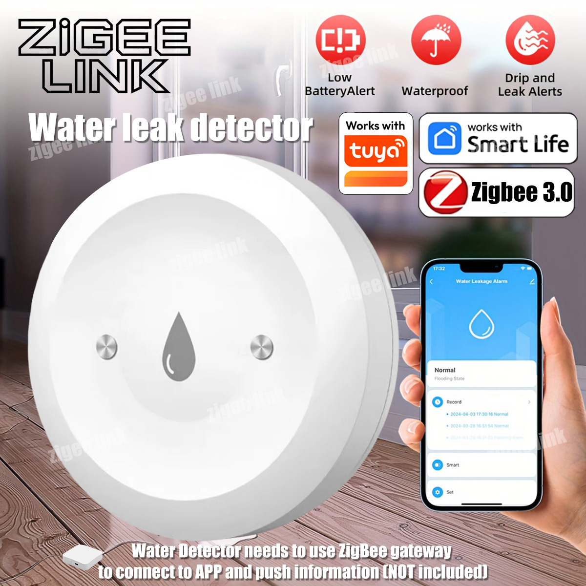 Water Alarm Sensor - ZigBee 3.0 Water Sensor Smart Leak